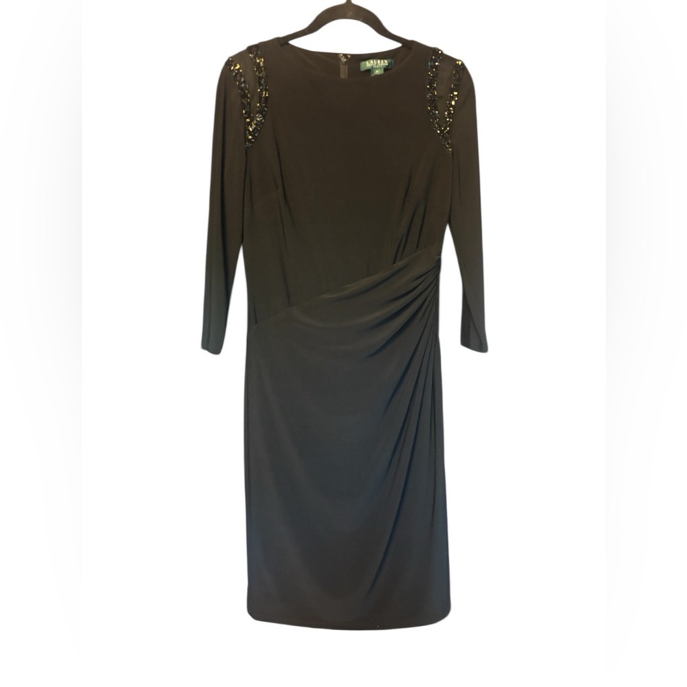 Lauren Ralph Lauren Black Long Sleeve Ruched Dress Sequin Beaded Shoulder Size 8